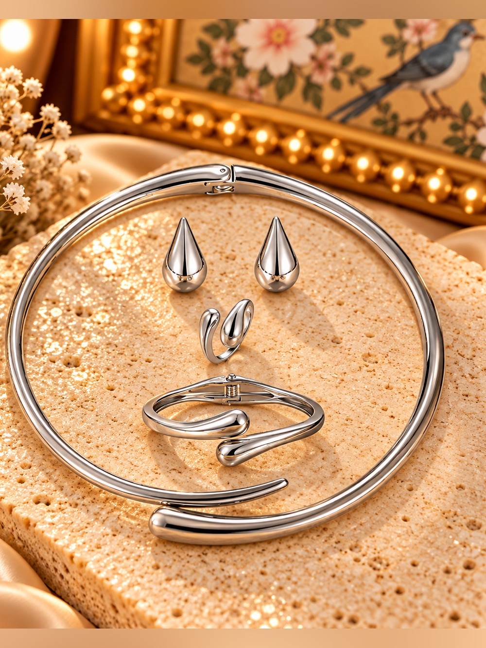 Silver Tone Modern Jewelry Set Necklace Earrings Ring Bracelet